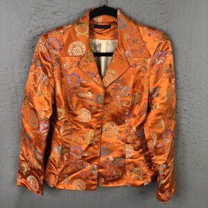 Johanne Beck Blazer Women M Orange Silk Blend Floral Embroidered Satin Asian